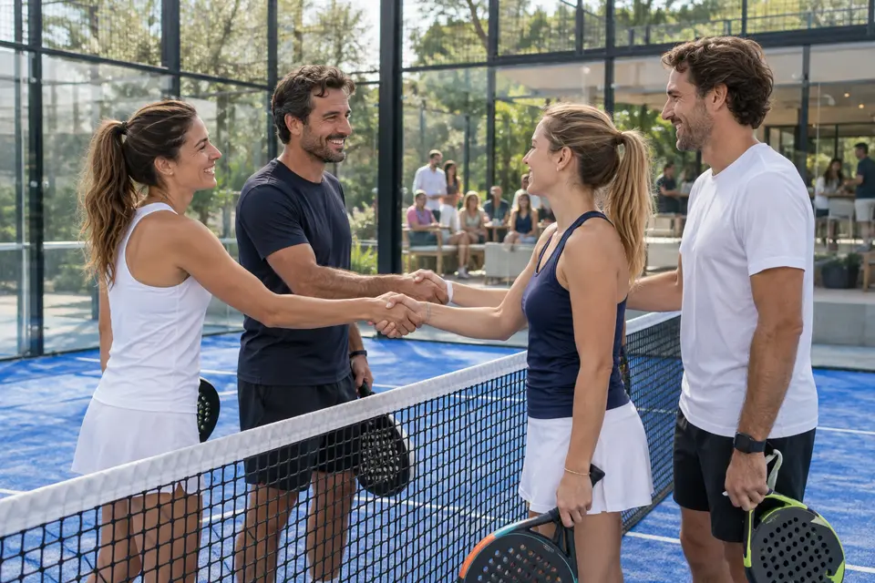 Illustrative scene of players meeting after a friendly padel match